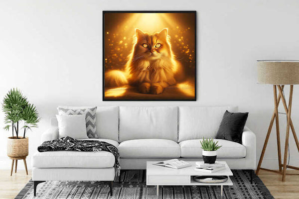 Paint by Numbers - Sun Sparks Velvet Paw wall art of a majestic cat with amber eyes and golden halo in a modern living room.