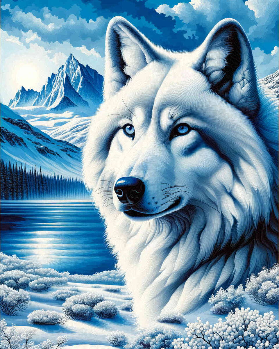 Wolf, snow with mountains - Paint by Numbers