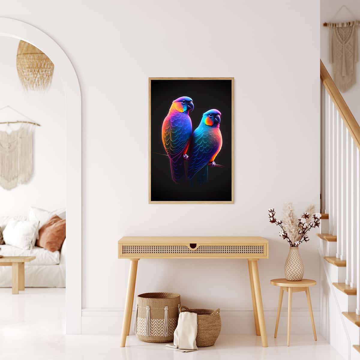 AB Diamond Painting of colorful birds in minimalistic room interior – Paint by Numbers decoration on wall