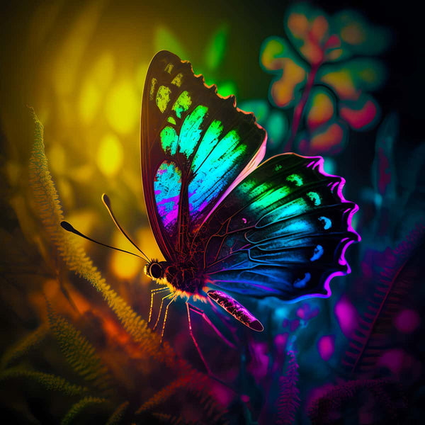 Vibrant rainbow-colored butterfly on a glowing, multicolored background for Paint by Numbers diamond painting kit