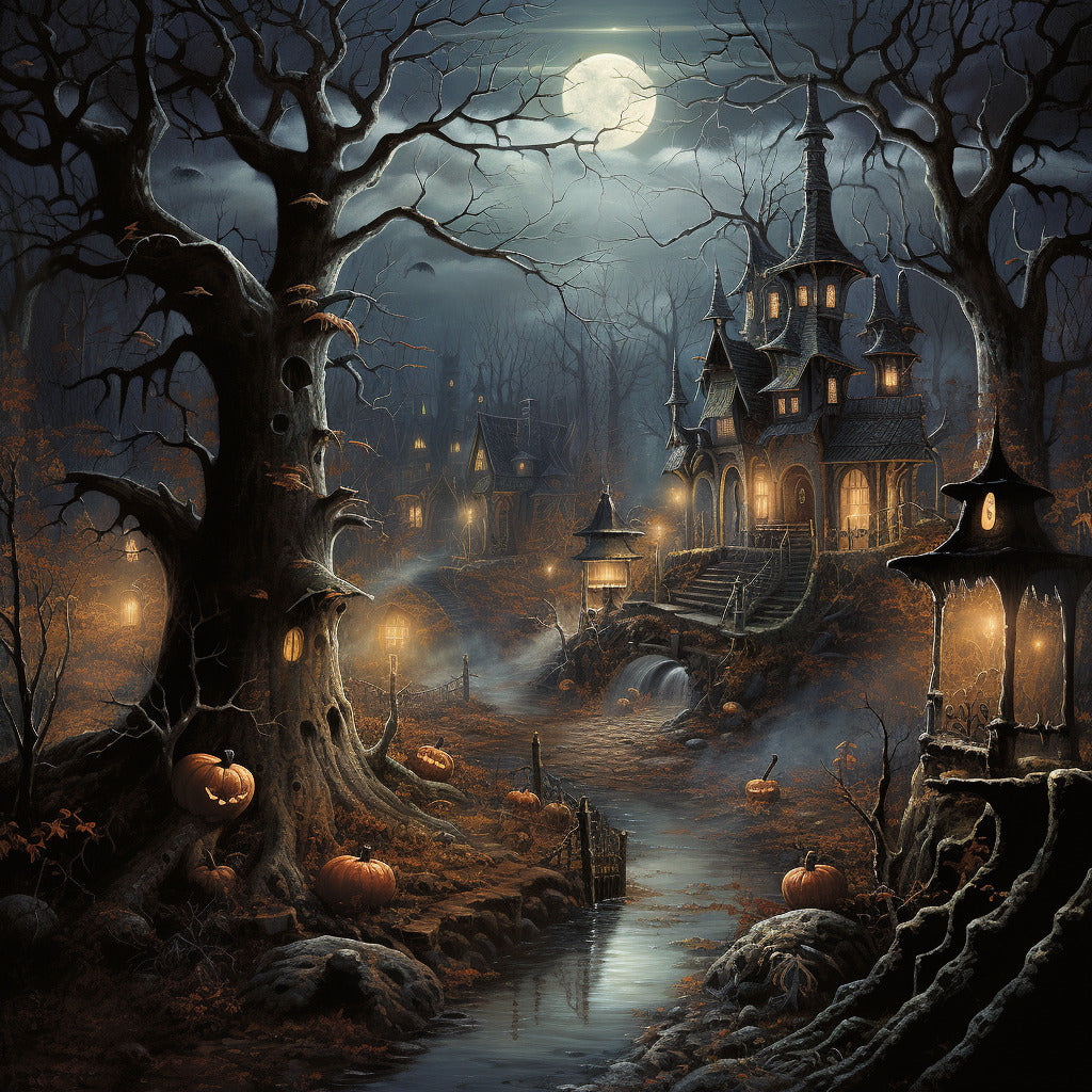 Spooky Halloween haunted forest painting by numbers at night with eerie trees, glowing pumpkins, lanterns, and a misty haunted house under the full moon