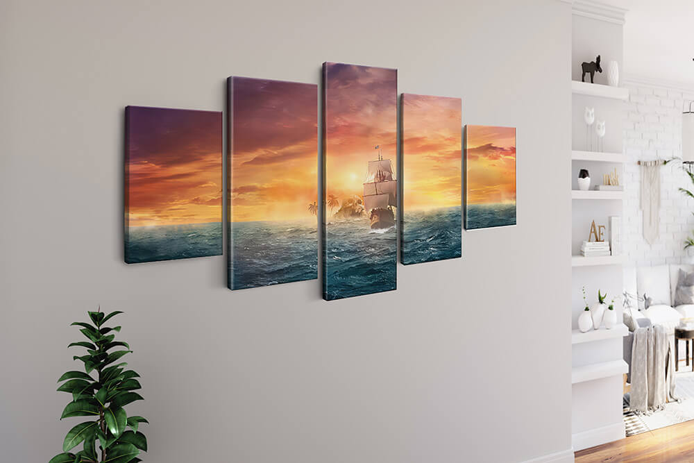 Malen nach Zahlen 5 teilig - Schiff segelt auf Insel zu, Sonnenuntergang - hochwertige Leinwand - multi5, neue_bilder