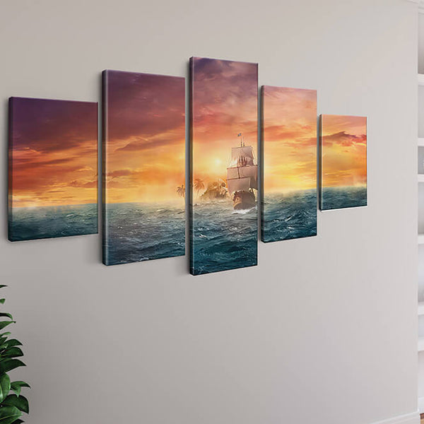 Malen nach Zahlen 5 teilig - Schiff segelt auf Insel zu, Sonnenuntergang - hochwertige Leinwand - multi5, neue_bilder