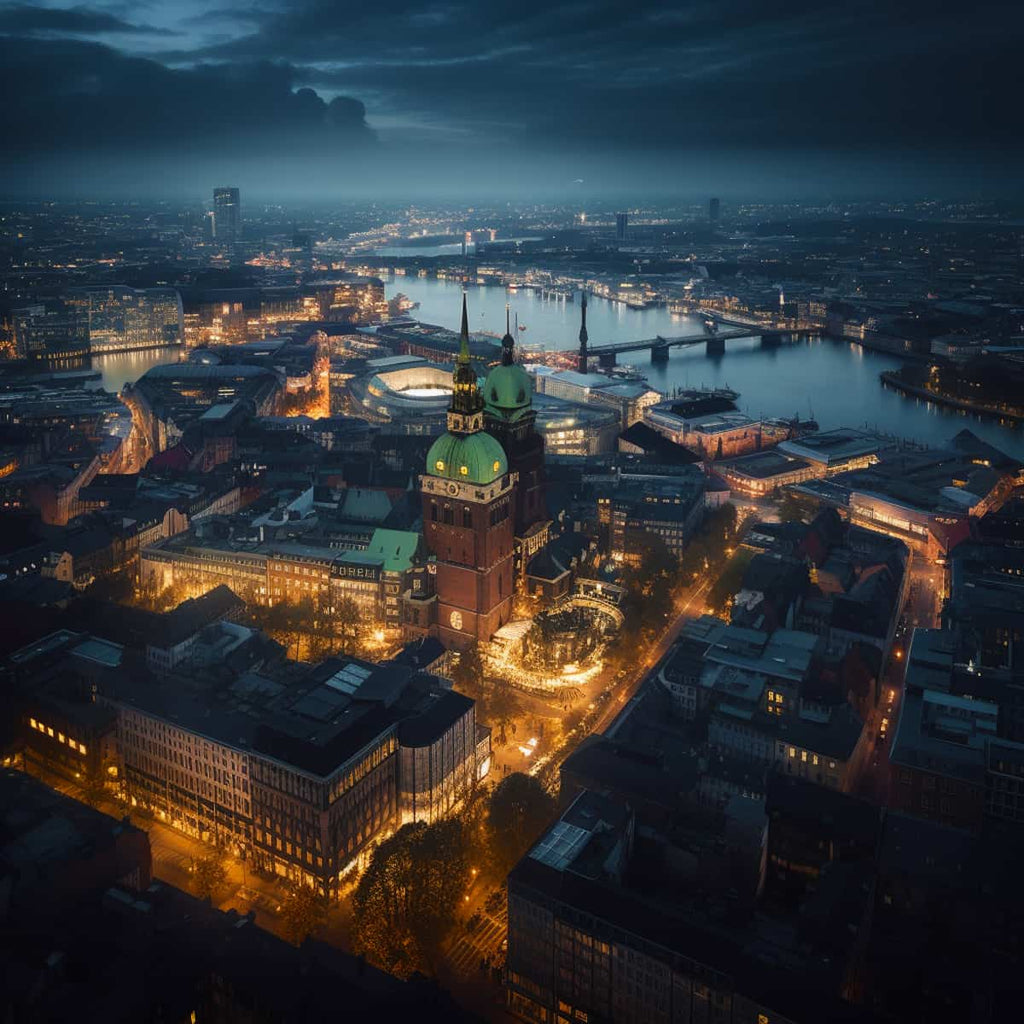 Stunning aerial view of Hamburg at night, perfect for Diamond Painting Kits and Paint by Numbers enthusiasts.