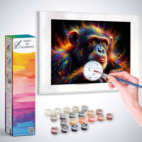 Paint by Numbers - Chimpanzee with colorful fur on dark background