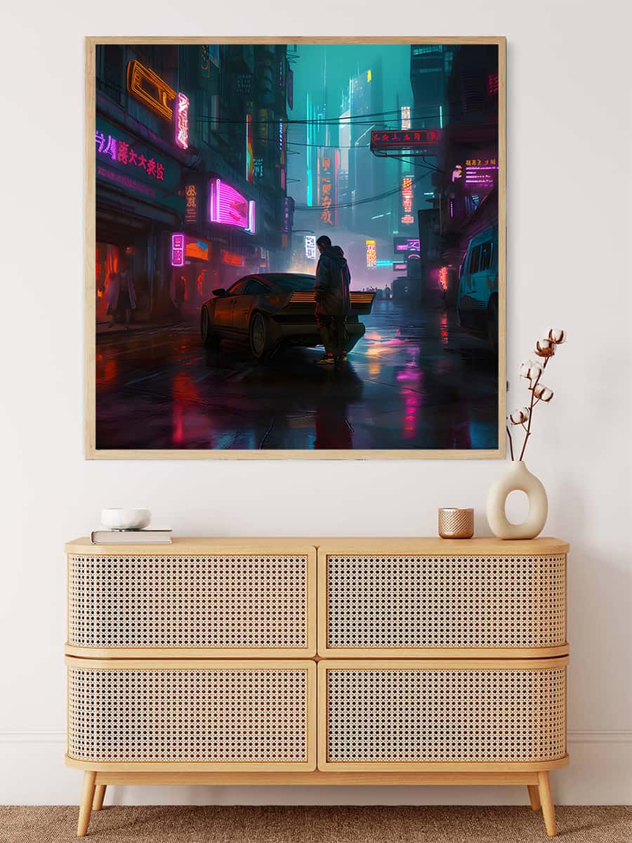 Futuristic street diamond painting kit displayed on a wall above a rattan chest, featuring neon lights and a sleek car. Paint by Numbers.