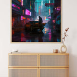 Futuristic street diamond painting kit displayed on a wall above a rattan chest, featuring neon lights and a sleek car. Paint by Numbers.