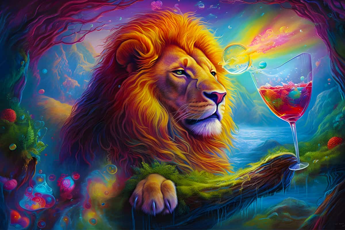 Lion-themed diamond painting kit with vibrant colors, featuring a majestic lion and a glass of wine. Paint by Numbers art project.