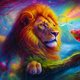 Lion-themed diamond painting kit with vibrant colors, featuring a majestic lion and a glass of wine. Paint by Numbers art project.