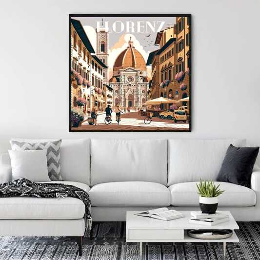Paint by Numbers - Florentine Sunshine displayed above a modern white sofa in a stylish living room setting.