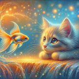 Adorable cat observing a goldfish in a sparkling underwater scene with soft orange and blue tones, resembling paint by numbers art.