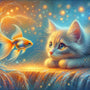 Adorable cat observing a goldfish in a sparkling underwater scene with soft orange and blue tones, resembling paint by numbers art.