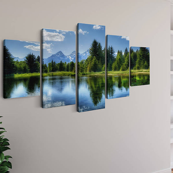Malen nach Zahlen 5 teilig - Waldsee in den Bergen, blauer Himmel - hochwertige Leinwand - multi5, neue_bilder