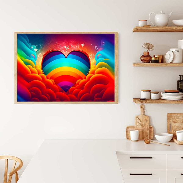 AB Diamond Painting - Heart Colorful artwork on canvas displayed in a modern kitchen. Sparkling art featuring rainbow heart and vibrant clouds.