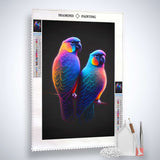 Vibrant parrots diamond painting kit with professional canvas, acrylic diamonds, tweezers, and application pen. Perfect for paint by numbers enthusiasts.
