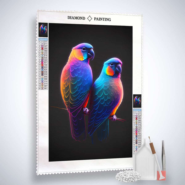 Vibrant parrots diamond painting kit with professional canvas, acrylic diamonds, tweezers, and application pen. Perfect for paint by numbers enthusiasts.