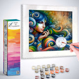 Paint by Numbers kit featuring a colorful Indian lady with a vibrant color spectrum, including gold, turquoise, and red hues.