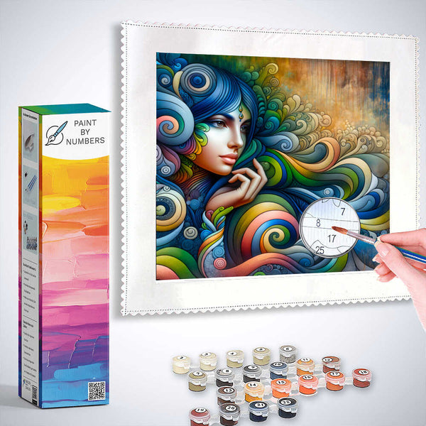 Paint by Numbers kit featuring a colorful Indian lady with a vibrant color spectrum, including gold, turquoise, and red hues.