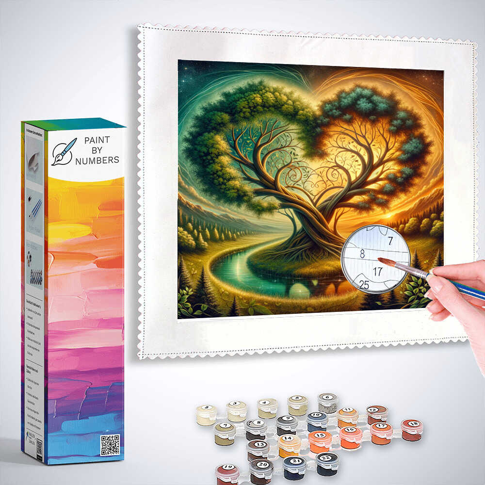 Paint by Numbers kit featuring Whispering Times artwork of a majestic tree embracing a gold-decorated clock with autumn leaves.