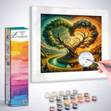 Paint by Numbers kit featuring Whispering Times artwork of a majestic tree embracing a gold-decorated clock with autumn leaves.