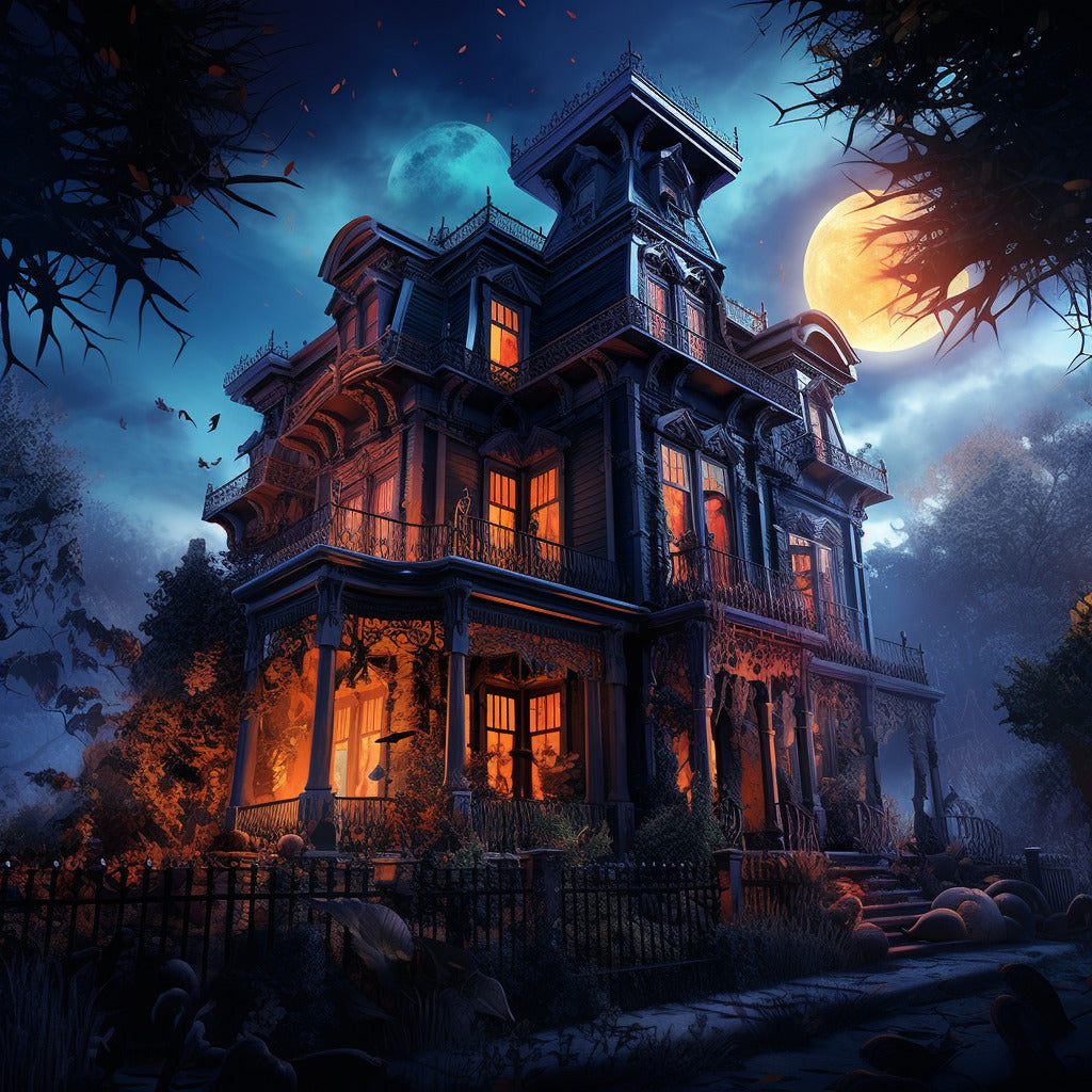 Haunted house under a full moon for Paint by Numbers Halloween shower house art set.
