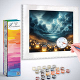 Paint by Numbers kit featuring the Light Festival of Dreams artwork with bright lanterns and a dramatic sky at dusk.