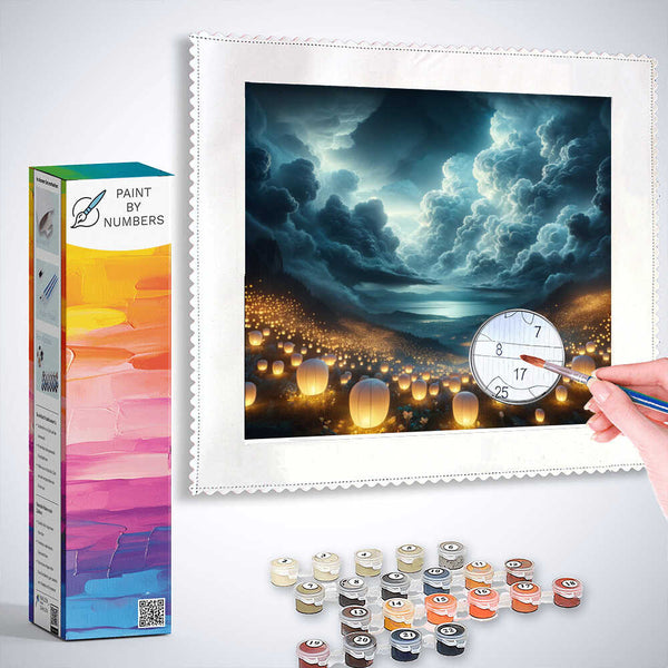 Paint by Numbers kit featuring the Light Festival of Dreams artwork with bright lanterns and a dramatic sky at dusk.