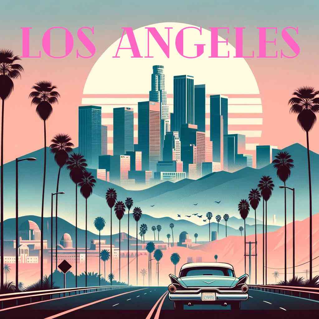 Paint by Numbers - Dreams of Los Angeles featuring pastel skies, skyline, palm trees, classic car, urban nostalgia, retro charm