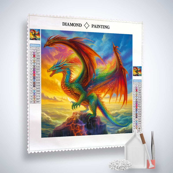 Diamond Painting - Wings of the Storm on Canvas, featuring vibrant dragon, acrylic diamonds, artist's tweezers, and professional application pen