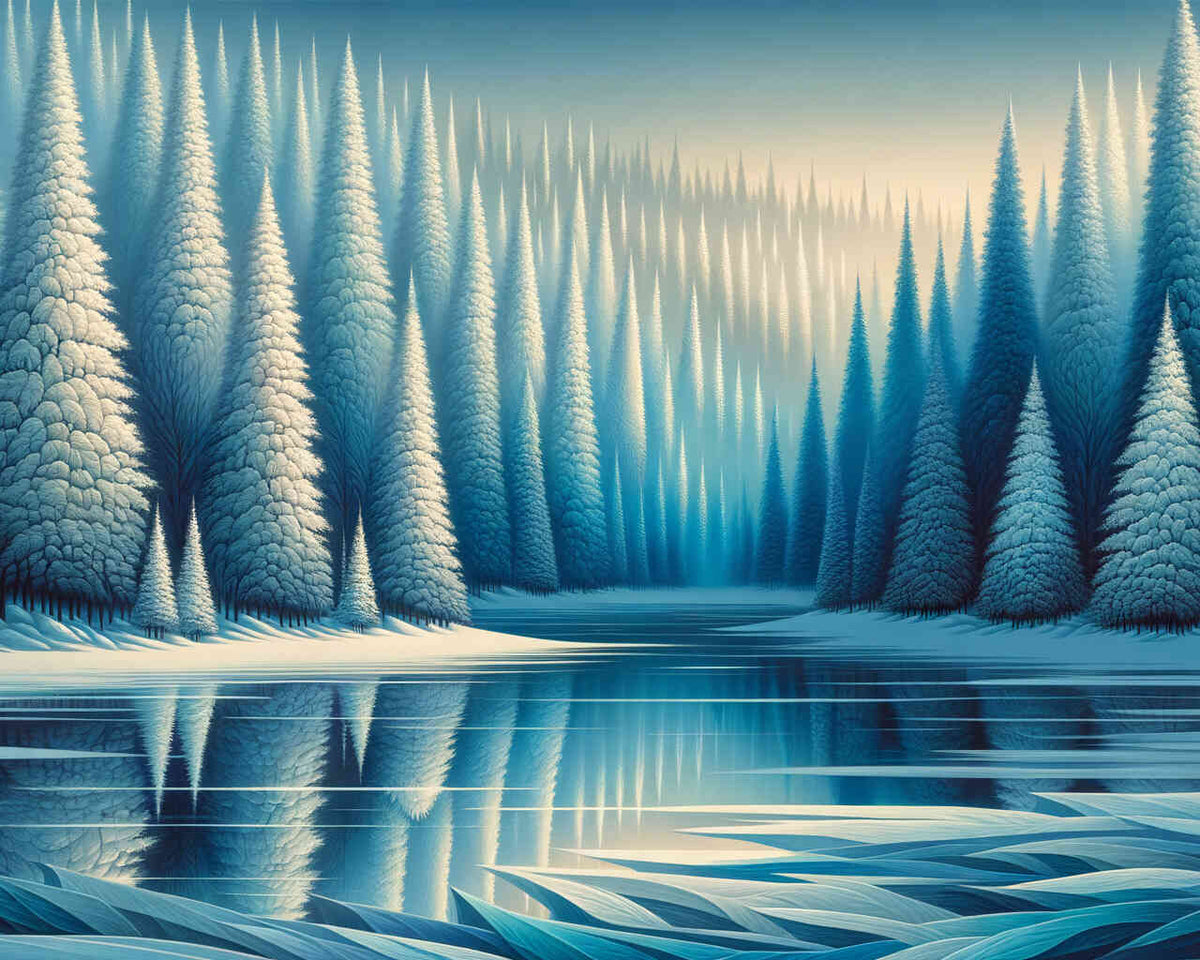 Winter, fir trees with lake - Paint by Numbers