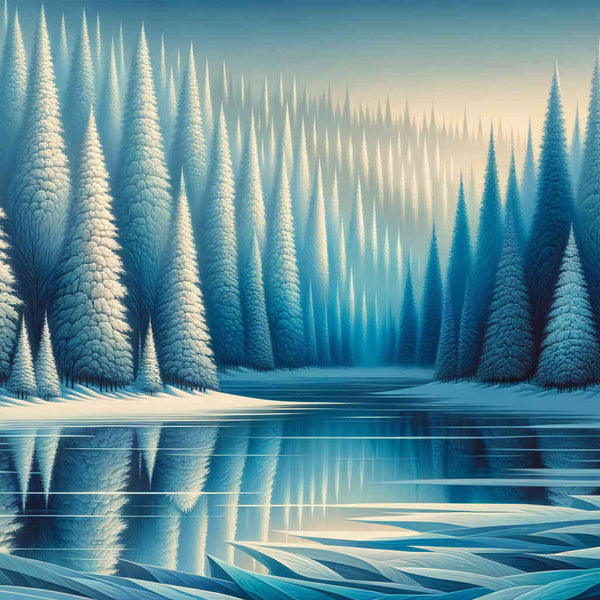 Winter, fir trees with lake - Paint by Numbers
