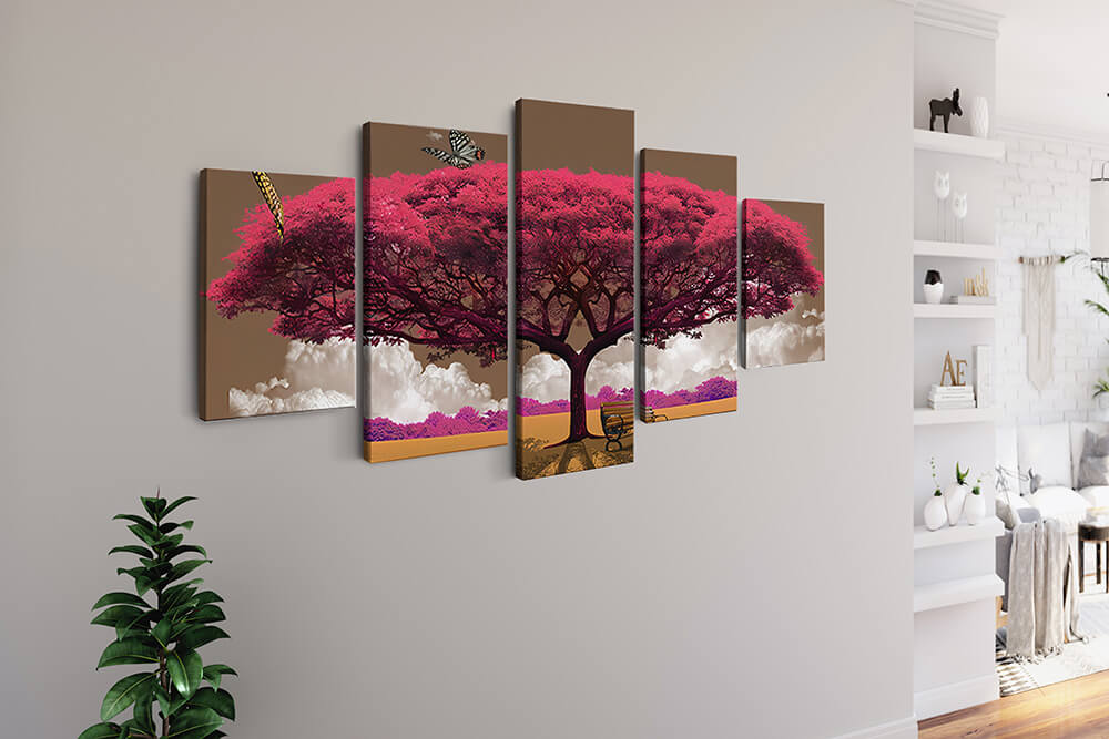 Malen nach Zahlen 5 teilig - Pinker Baum, Bank im Schatten - hochwertige Leinwand - multi5, neue_bilder
