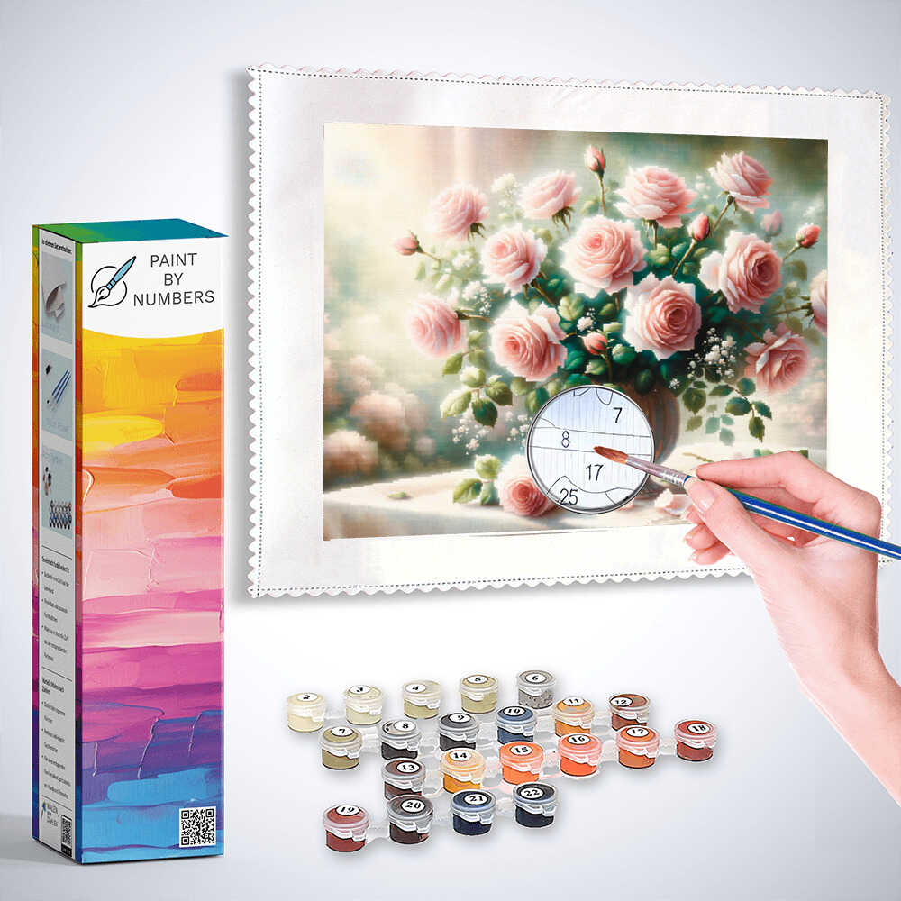 Paint by Numbers - Pink roses bouquet, vase