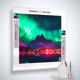 AB Diamond Painting - Northern Lights over the city Paint by Numbers Kit showcasing a vibrant canvas with tools and acrylic diamonds.