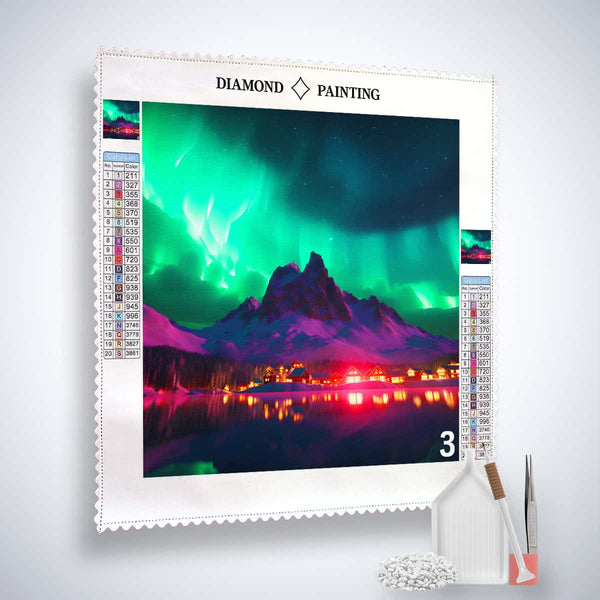 AB Diamond Painting - Northern Lights over the city Paint by Numbers Kit showcasing a vibrant canvas with tools and acrylic diamonds.