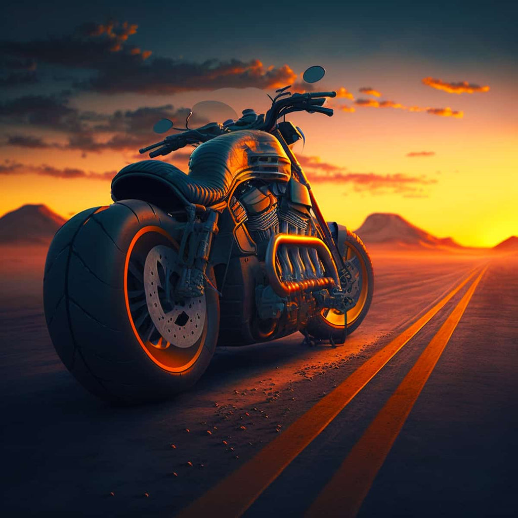 Classic cruiser motorcycle on an open road at sunset, featured in the Diamond Painting - Classic Cruiser Paint by Numbers kit.