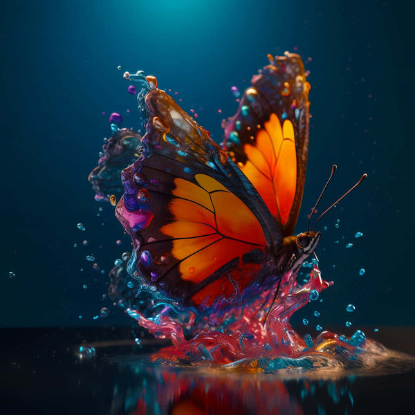 Butterfly with vibrant wings splashing in water, featured in AB Diamond Painting Kits - Art that Sparkles! Perfect for Paint by Numbers enthusiasts.