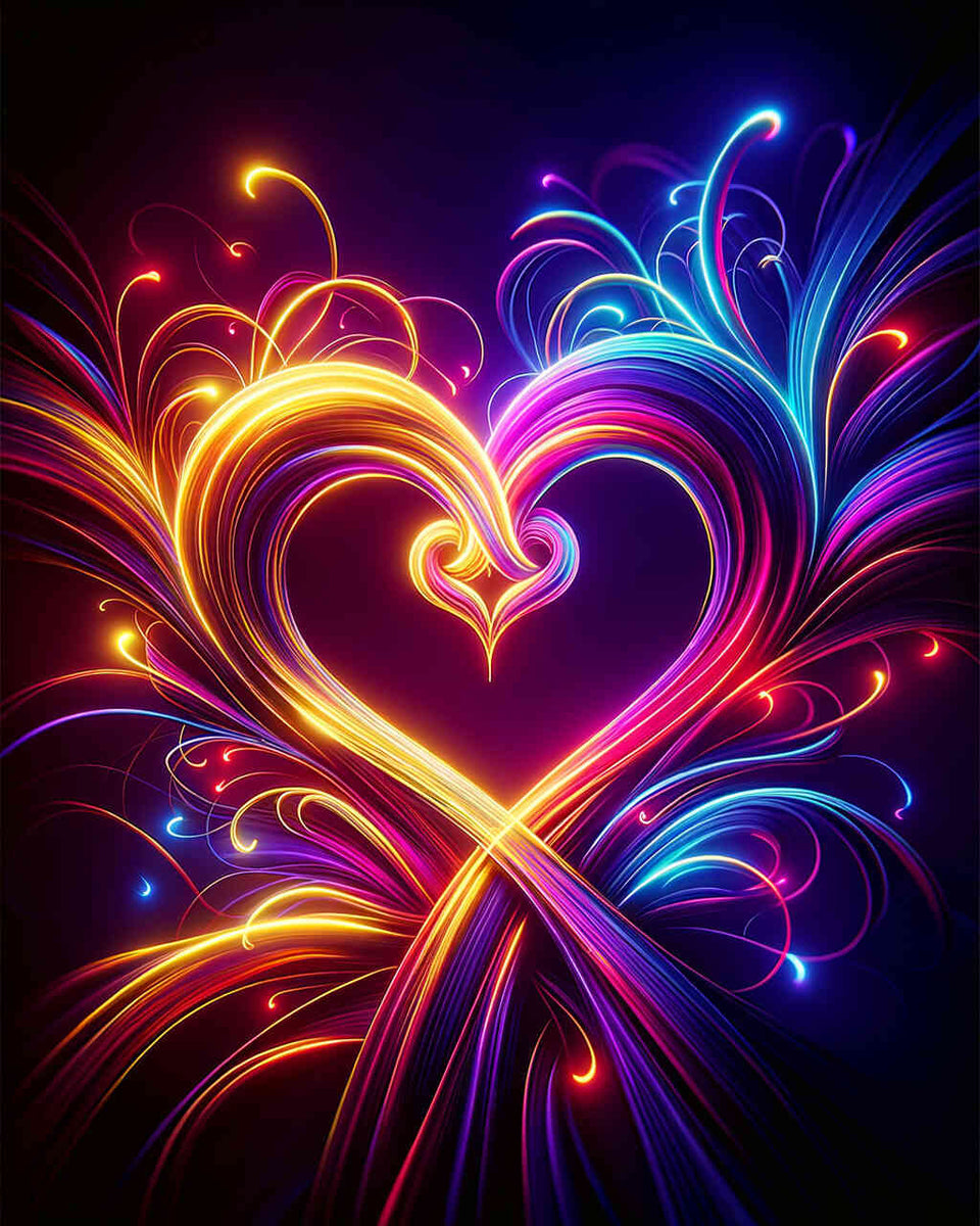 Neon-colored double hearts intertwining in a vibrant, futuristic style, perfect for paint by numbers enthusiasts.