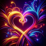 Neon-colored double hearts intertwining in a vibrant, futuristic style, perfect for paint by numbers enthusiasts.