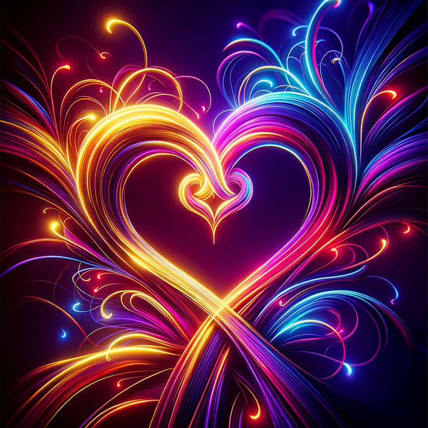 Neon-colored double hearts intertwining in a vibrant, futuristic style, perfect for paint by numbers enthusiasts.