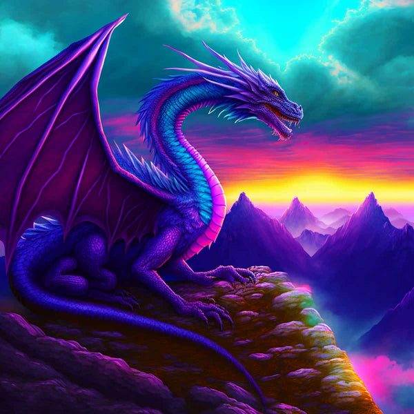Majestic purple and blue dragon overlooking a vibrant mountain sunset in a diamond painting kit