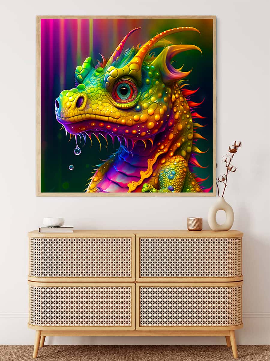 AB Diamond Painting - Colorful Dragon artwork hanging above a modern dresser, featuring a vibrant multi-colored dragon. Paint by Numbers.