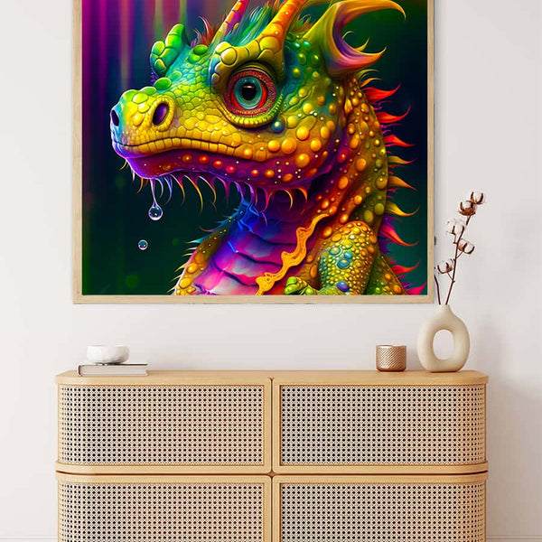 AB Diamond Painting - Colorful Dragon artwork hanging above a modern dresser, featuring a vibrant multi-colored dragon. Paint by Numbers.