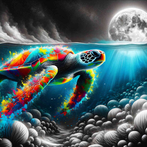 Paint by Numbers - Black and white, colorful turtle