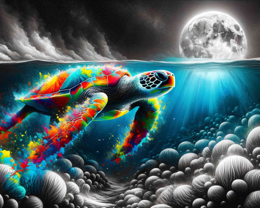 Paint by Numbers - Black and white, colorful turtle