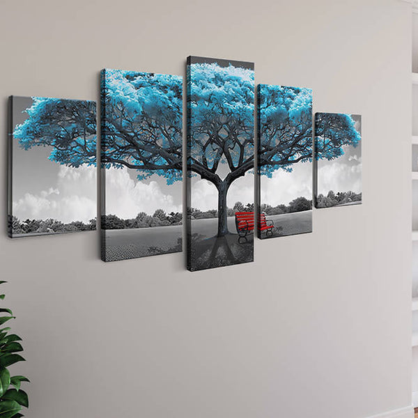 Malen nach Zahlen 5 teilig - Türkiser Baum mit Roter Bank - hochwertige Leinwand - multi5, neue_bilder