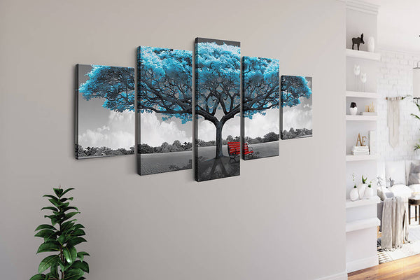 Malen nach Zahlen 5 teilig - Türkiser Baum mit Roter Bank - hochwertige Leinwand - multi5, neue_bilder