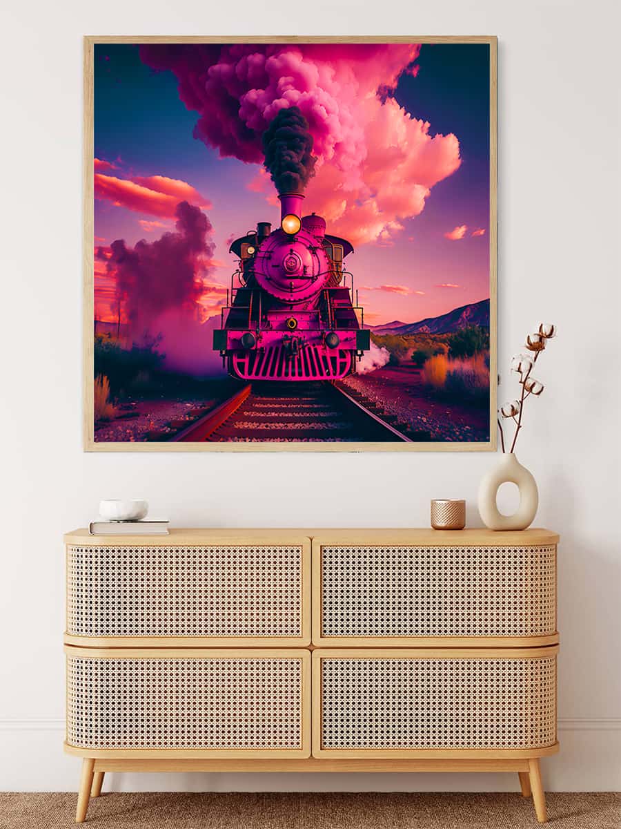Diamond Painting - Pink Train Frontal on Canvas. Paint by Numbers art kit with vibrant colors and detailed steam train.