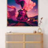 Diamond Painting - Pink Train Frontal on Canvas. Paint by Numbers art kit with vibrant colors and detailed steam train.