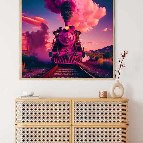 Diamond Painting - Pink Train Frontal on Canvas. Paint by Numbers art kit with vibrant colors and detailed steam train.